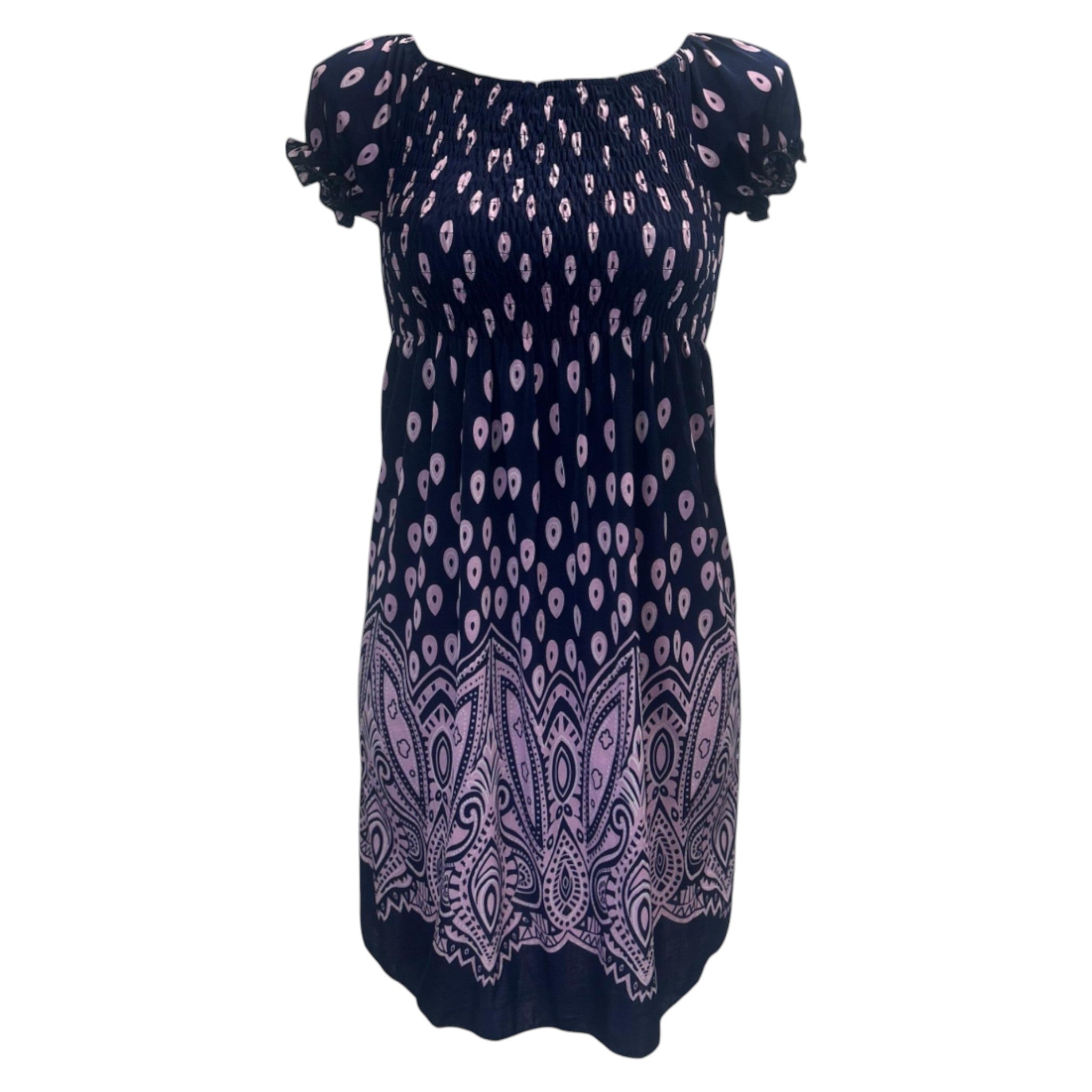 Navy pink summer dress with teardrop print and paisley hem β lightweight casual women's beach dress